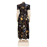 Vintage Mesh Print Short Sleeve Irregular Tops ASL-7066