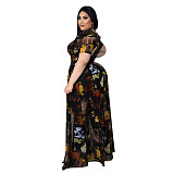 Vintage Mesh Print Short Sleeve Irregular Tops ASL-7066
