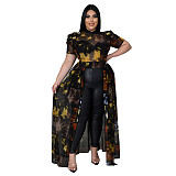 Vintage Mesh Print Short Sleeve Irregular Tops ASL-7066