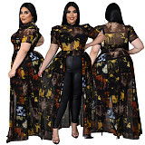 Vintage Mesh Print Short Sleeve Irregular Tops ASL-7066
