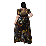 Vintage Mesh Print Short Sleeve Irregular Tops ASL-7066