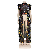 Vintage Mesh Print Short Sleeve Irregular Tops ASL-7066