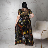 Vintage Mesh Print Short Sleeve Irregular Tops ASL-7066
