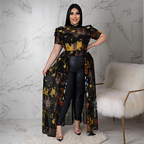 Vintage Mesh Print Short Sleeve Irregular Tops ASL-7066