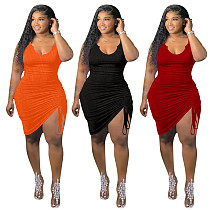 Solid Drawstring Sleeveless Ruched Dress HEJ-22Y8030