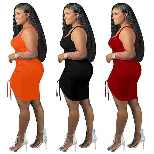 Solid Drawstring Sleeveless Ruched Dress HEJ-22Y8030