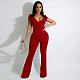Short Sleeve V-neck Solid Flare Jumpsuit SFY-2160