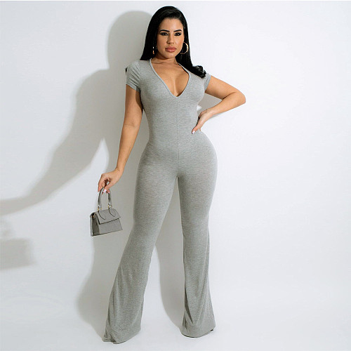 Short Sleeve V-neck Solid Flare Jumpsuit SFY-2160