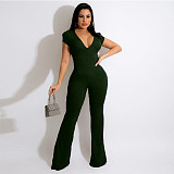 Short Sleeve V-neck Solid Flare Jumpsuit SFY-2160
