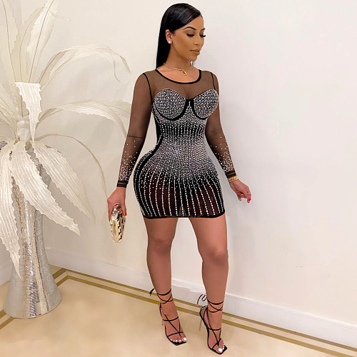 Mesh Rhinestone Long Sleeve Club Dress LSD-82001