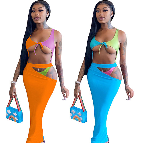 Cut Out Bodysuit and Long Skirt Beach Outfits NIK-274