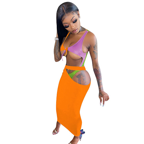 Cut Out Bodysuit and Long Skirt Beach Outfits NIK-274