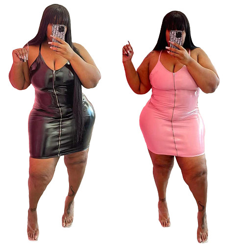 Plus Size Pu Leather Zipper Bodycon Dress WA-77422