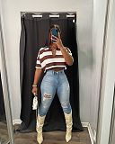 Striped Short Sleeve Loose Pullover Top HMS-5534