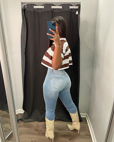 Striped Short Sleeve Loose Pullover Top HMS-5534