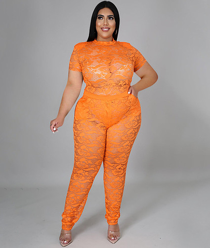 See Through Lace Short Sleeve Top+Pants Suit HEJ-22Y6107