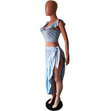 Solid Ruffle Crop Top and High Slit Skirt 2 Piece Set HMS-5232