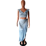 Solid Ruffle Crop Top and High Slit Skirt 2 Piece Set HMS-5232