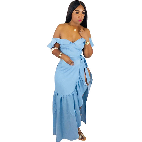 Solid Ruffle Crop Top and High Slit Skirt 2 Piece Set HMS-5232