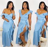 Solid Ruffle Crop Top and High Slit Skirt 2 Piece Set HMS-5232
