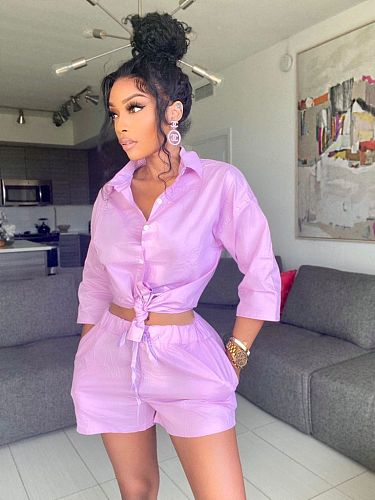 Solid Color Button Up Shirt Top and Shorts Set BGN-178