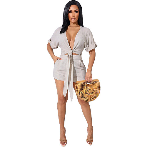 Solid Lace Up Deep V Top+Shorts 2 Piece Set MUX-6076