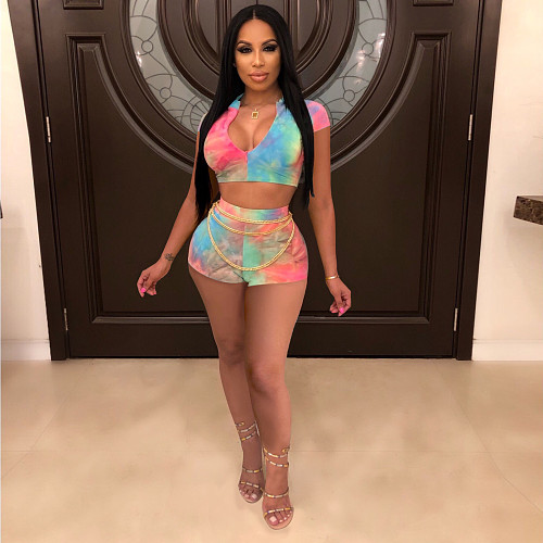 Tie Dye Zipper Short Sleeve Crop Top Biker Shorts Set YS-801