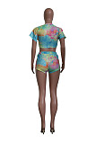 Tie Dye Zipper Short Sleeve Crop Top Biker Shorts Set YS-801