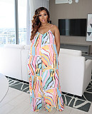 Abstract Print Sleeveless Strap Loose Wide Leg Jumpsuit AIL-204