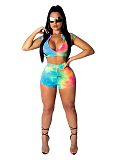 Tie Dye Zipper Short Sleeve Crop Top Biker Shorts Set YS-801