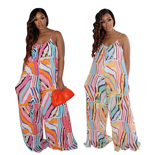 Abstract Print Sleeveless Strap Loose Wide Leg Jumpsuit AIL-204