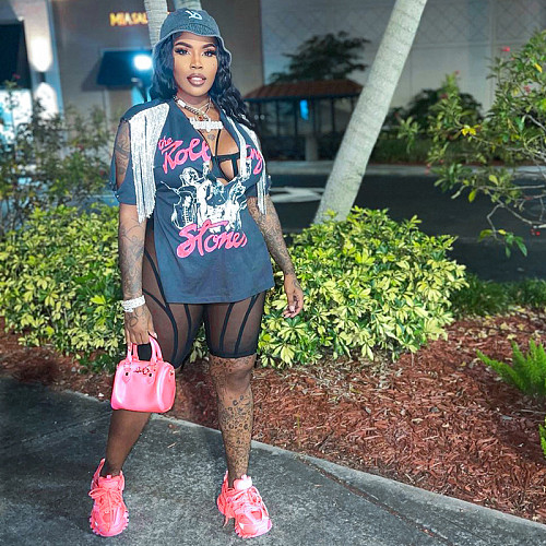 Print Slit Sleeve Tassel Hip Hop Streetwear Soft Top FSL-193