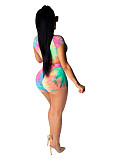 Tie Dye Zipper Short Sleeve Crop Top Biker Shorts Set YS-801