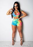 Tie Dye Zipper Short Sleeve Crop Top Biker Shorts Set YS-801