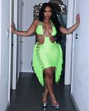 Haler Backless Lace Up Cut Out Tassel Bodycon Dress MDF-5287