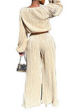 Retro Long Sleeve Top Loose Pleated Wide-leg Pants Set MK-3077