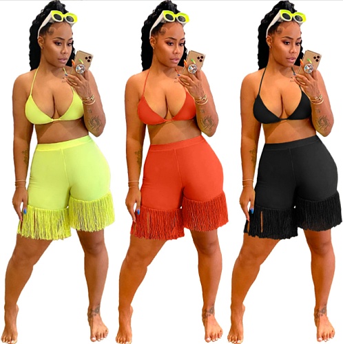 Halter Bra Top+Tassel High Waist Shorts 2 Piece Set FNN-8660