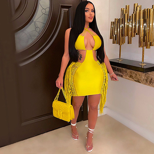 Haler Backless Lace Up Cut Out Tassel Bodycon Dress MDF-5287