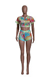 Tie Dye Zipper Short Sleeve Crop Top Biker Shorts Set YS-801