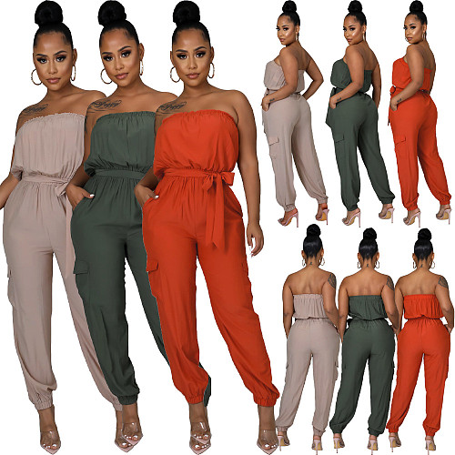 Strapless Lace Up Belts Pockets Overalls Jumpsuits MUX-6077
