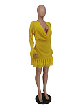 V Neck Long Sleeve Ruffle Hem Chiffon Dress ZAND-31187