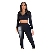 Long Sleeve Solid Crop Tops Leggings Pants Tracksuit BNY-7243