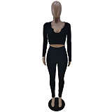 Long Sleeve Solid Crop Tops Leggings Pants Tracksuit BNY-7243
