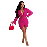 Deep V Neck Puff Sleeve Ruched Drawstring Dresses HANI-076