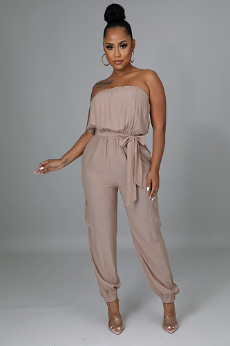 Strapless Lace Up Belts Pockets Overalls Jumpsuits MUX-6077
