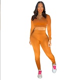 Long Sleeve Solid Crop Tops Leggings Pants Tracksuit BNY-7243