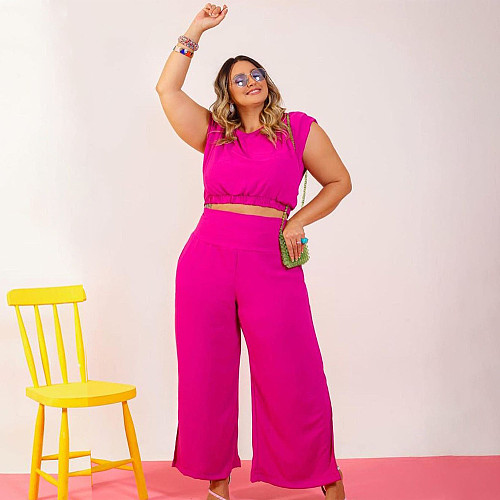 Short Sleeve Crop Top Shirt Loose Wide Leg Pants Set PINH-13271