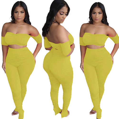 Ruched Off Shoulder Crop Top Leggings Pants Outfits YS-805