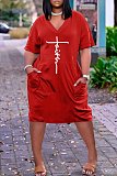V Neck Short Sleeve Pocket Loose Casual Dress TB-5402