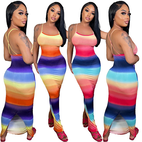 Gradient Chic Print Backless Skinny Maxi Dress JP-1062